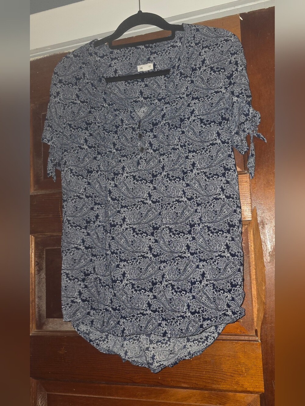 Westport Navy Paisley Short-Sleeve Tie-Sleeve Blouse